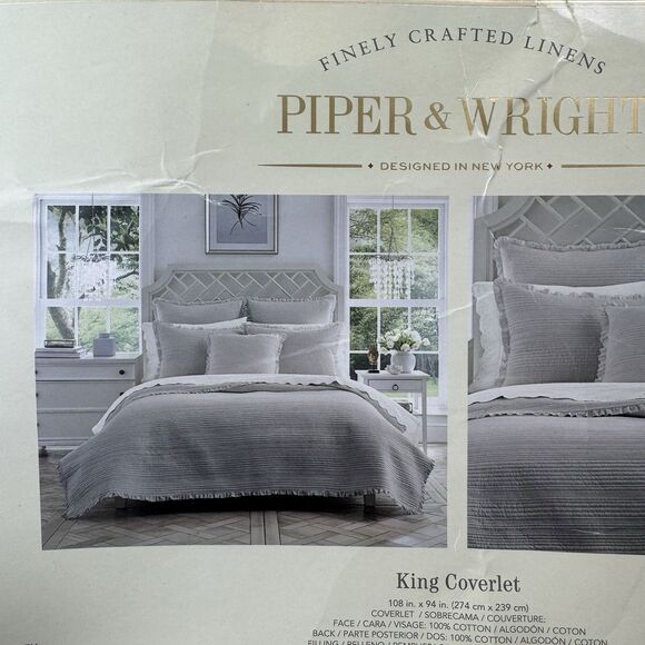 Piper & Wright KING Hadley Silver Ruffled Quilt Coverlet - Picture 2 of 7